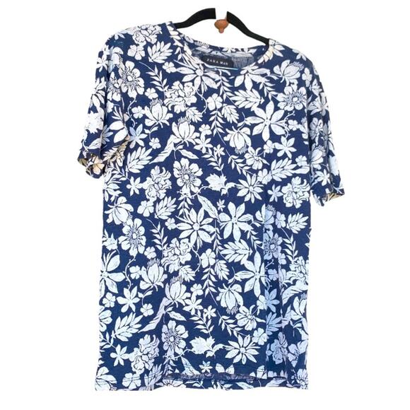 Zara Man Navy Blue Hawaiian Floral Linen TShirt Size Medium